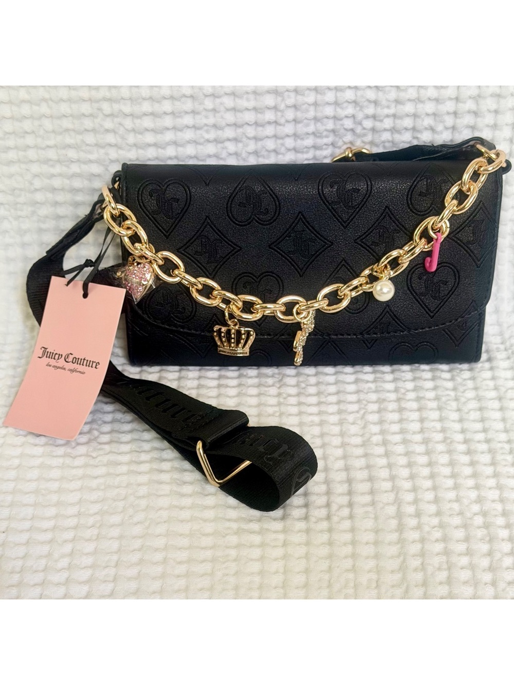 Juicy Couture Top Notch Crossbody Wallet Black Liquorice Chunky Chain Charms NWT